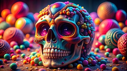 Macro Shot of a Whimsical Cartoon Skull with Vibrant Colors and Intricate Details