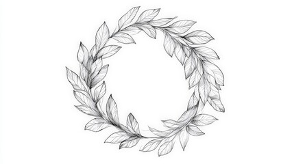 Delicate Hand-Drawn Wreath of Leaves in Black and White Design