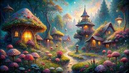 Obraz premium Magical Cottagecore & Goblincore Watercolor Illustrations: Whimsical Long Exposure Fantasy Art