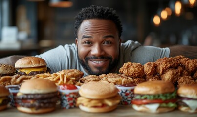 Happy man with delicious fast food spread, featuring burgers, fried chicken, fries, and more, showcasing joy and indulgence in a vibrant restaurant setting