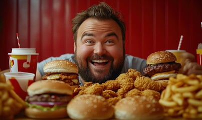 Joyful Man Surrounded by Fast Food Delights, Featuring Burgers, Fried Chicken, Sodas, and French Fries, Radiating Happiness in a Colorful Setting