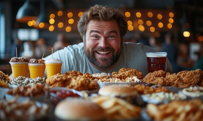 Happy man enjoying a feast of delicious comfort food and drinks in a vibrant restaurant atmosphere with blurred background effect showcasing a variety of dishes