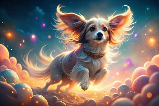 Magical Flying Dog with Swiper, Bokeh Background, Fantasy Pet, Whimsical Animal