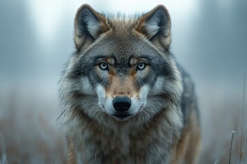 Obraz premium Mysterious wolf in thick fog captures attention in serene, wooded landscape