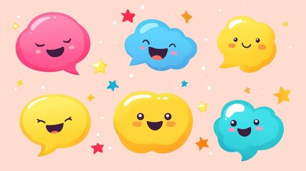 Fototapeta premium Colorful Cute Cartoon Speech Bubbles with Smiling Faces and Stars
