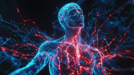 Obraz premium A stylized human figure with glowing blue and red neural pathways, symbolizing connectivity and the intricacies of the nervous system.