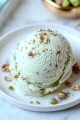 neat scoop of pistachio ice cream garnished with crushed nuts resting on clean white plate under bright natural light