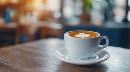 Fototapeta premium A beautifully crafted cup of coffee with latte art sits on a wooden table, surrounded by a warm, inviting cafe atmosphere.