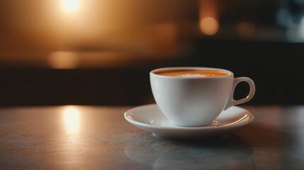 Fototapeta premium A cozy cup of coffee rests on a saucer, softly illuminated by warm light, creating a serene and inviting atmosphere.