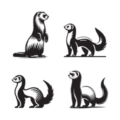 4 Set of Black Stylized Ferret Silhouettes in Various Poses Isolated on White Background