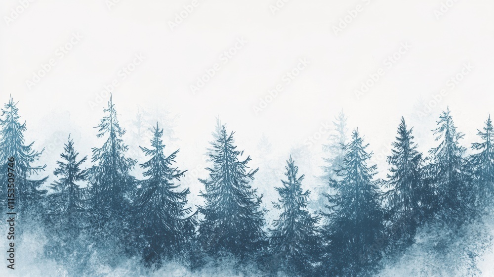 Poster winter themed doodle illustrating frosty evergreen trees under a soft, misty sky in a tranquil fores