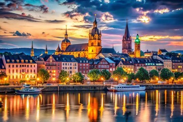 Obraz premium Mainz Germany Cityscape Bokeh Night Lights Romantic Atmosphere