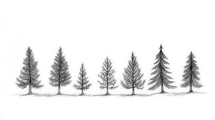 Obraz premium Hand-Drawn Illustrations of Various Tree Species in a Row