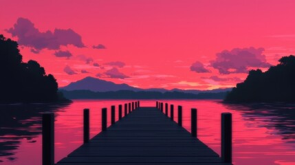 Serene Sunset Over Water with Pier and Mountains