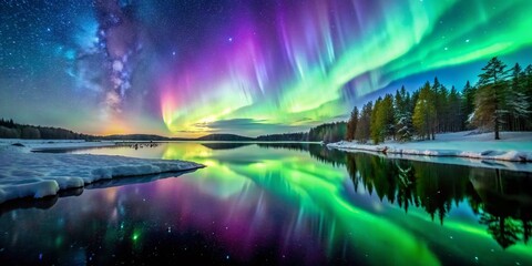 Majestic Aurora Borealis Rising Over Frozen Lake at Night