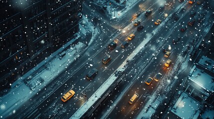 A snow-covered city highway creates a picturesque scene. Fast-moving cars navigate slippery roads amidst a snowfall that creates dangerous blizzard conditions. 