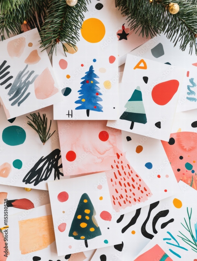 Poster colorful collection of handmade christmas cards featuring festive designs and playful patterns on a 