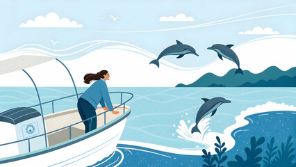 Dolphins Off Boat Symbolizing Harmony with Nature and Sustainable Practices - Seascape Photo Stock Concept