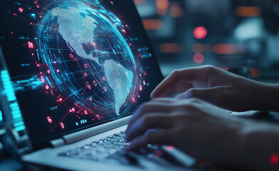 Hands typing on a laptop with a glowing holographic globe displaying digital connections and data overlays on the screen.