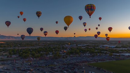 Obraz premium Colorful Hot Air Balloons Ascending Over Cityscape at Sunrise