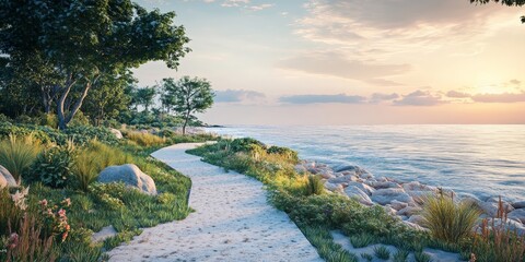 Coastal pathway providing access from the beach to the ocean features a scenic seaside trail leading to the sea. This coastal route enhances the experience of enjoying the shoreline and ocean view.