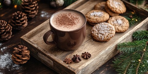 Fototapeta premium A cozy winter scene featuring a cup of hot chocolate alongside delicious cookies arranged on a wooden tray, perfect for enjoying in chilly weather with hot chocolate.