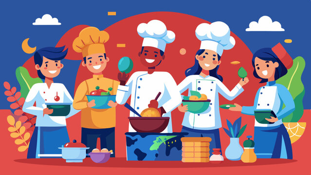 Diverse chefs in global cooking contest, preparing international dishes. Chefs from various cultures competing in a cooking competition and sharing their culinary expertise.

