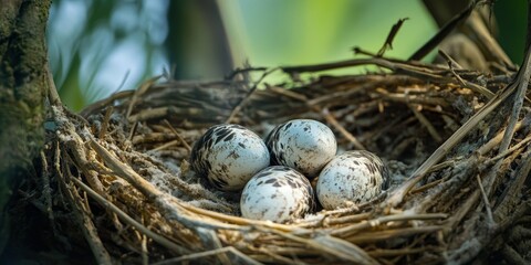 Obraz premium Osprey eggs are nestled in the nest, showcasing the delicate beauty of Osprey eggs in their natural habitat. Observing Osprey eggs provides insight into the life cycle of this magnificent bird.