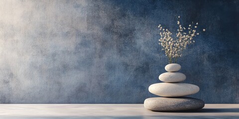 Wellness oriented balance in textured backgrounds. Design with minimal text space. Characteristic of Nordic interior aesthetics.