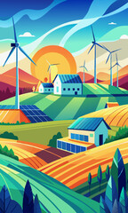 Naklejka premium Renewable energy farm with wind turbines and solar panels in a vast landscape, promoting green energy and sustainability. 