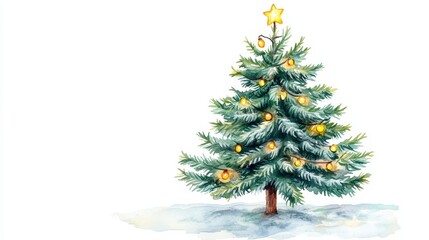 Fototapeta premium Beautiful Watercolor Christmas Tree with Lights and Star Decoration