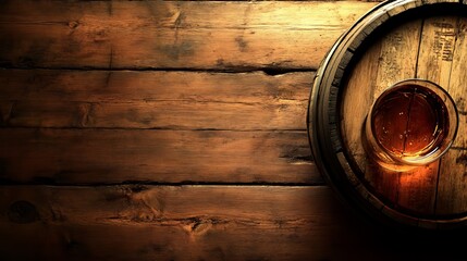 A traditional Scotch whiskey glass rests alongside an aged wooden barrel, providing a classic and timeless aesthetic. The empty space in the image offers ample room for text or design elements