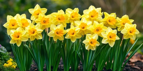 Obraz premium Vibrant yellow narcissus blooms in the garden bring a cheerful touch to spring flowers, showcasing the beauty of yellow narcissus and enhancing the garden s spring ambiance.