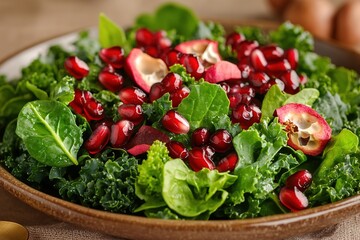 vibrant kale and spinach salad garnished with pomegranate seeds shot under diffused natural light