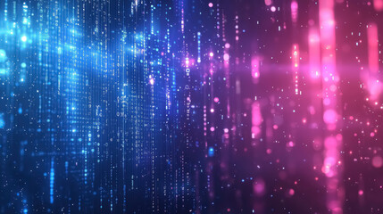 A dazzling display of blue and purple hues illuminates a digital realm, as cascading light particles drift through a futuristic atmosphere, creating a serene ambiance