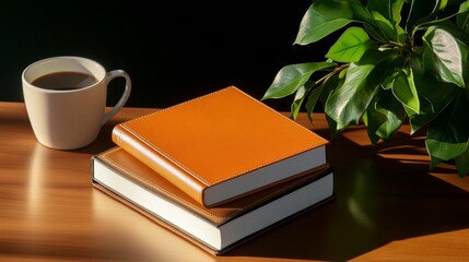 Naklejka premium Life Coaching Guidebook on a Wooden Desk with Coffee and Plant. Generative AI