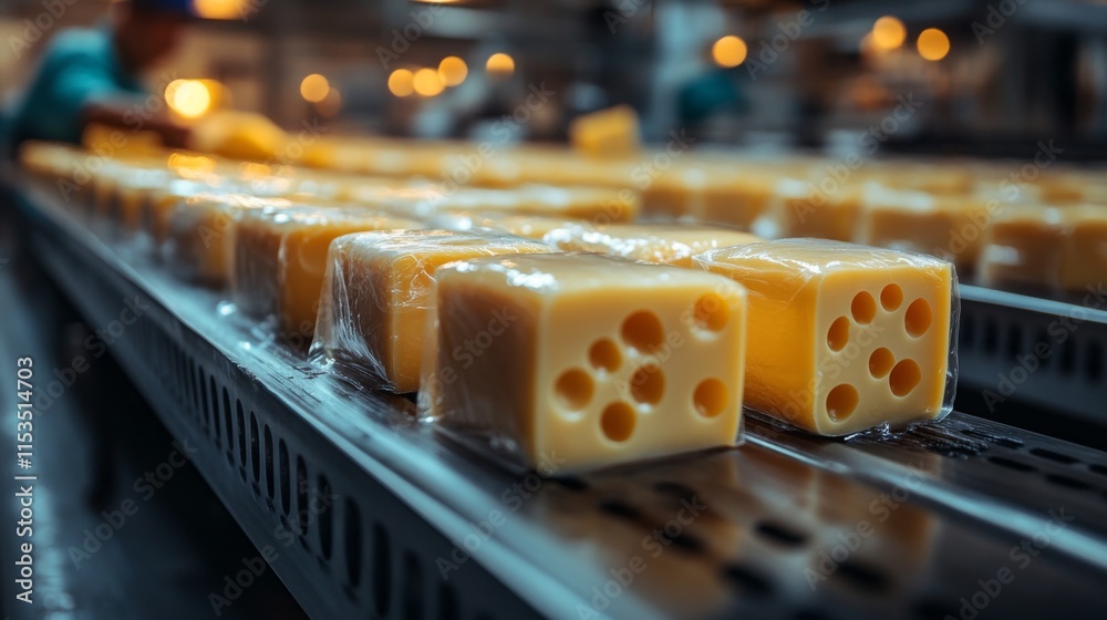 Poster Workers are busy in a factory, arranging freshly packaged blocks of cheese on a conveyor belt. The atmosphere is industrial, with warm lighting enhancing the productivity.