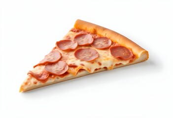 A slice of pepperoni pizza with melted cheese and pepperoni toppings on a white background