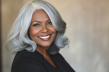 Fototapeta premium portrait of mature black woman with silver hair and radiant smile against blurred neutral background