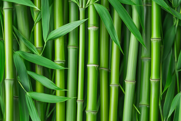 Obraz premium Close-up of fresh green bamboo stalks and leaves creating a natural and vibrant background