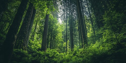 Obraz premium Lush wild trees create a vibrant summer green landscape in the forest, showcasing the beauty of nature with wild trees that thrive in their natural habitat.