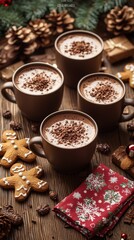 Fototapeta premium Warm and Cozy Holiday Scene with Four Cups of Hot Chocolate Topped with Chocolate Shavings Surrounded by Gingerbread Cookies and Festive Decorations