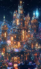 Obraz premium Magical Christmas castle at night, snow falling.