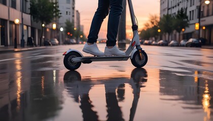 A person riding an electric scooter on a wet city street at sunset, with the scooter's wheels reflected in the puddles on the ground