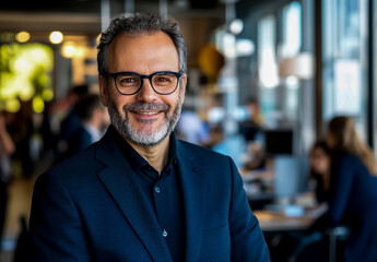 Fototapeta premium A smiling, middle-aged business man wearing a navy blue suit and dark glasses, standing in a modern office with people working behind him.