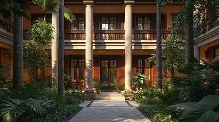 Obraz premium Lush tropical courtyard with classic columns and pathway.