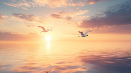 Obraz premium Two Swans Soaring Over Calm Sunset Sea