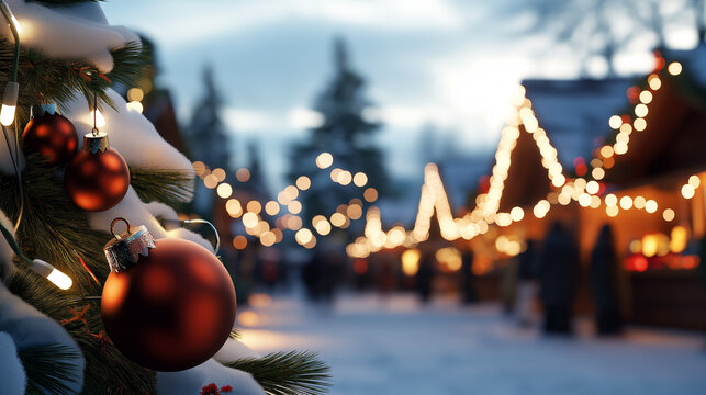 Cozy Christmas market at twilight with red ornaments, string lights, and wooden stalls surrounded by snow and people.
