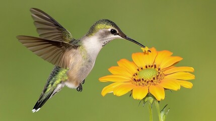 Obraz premium Hummingbird feeding on a bright yellow flower