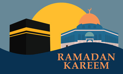 Ramadan Kareem, featuring geometric representations of mosques, crescent moons, stars, lanterns, and traditional Islamic architecture in a modern, al aqsa and ka'bah background.